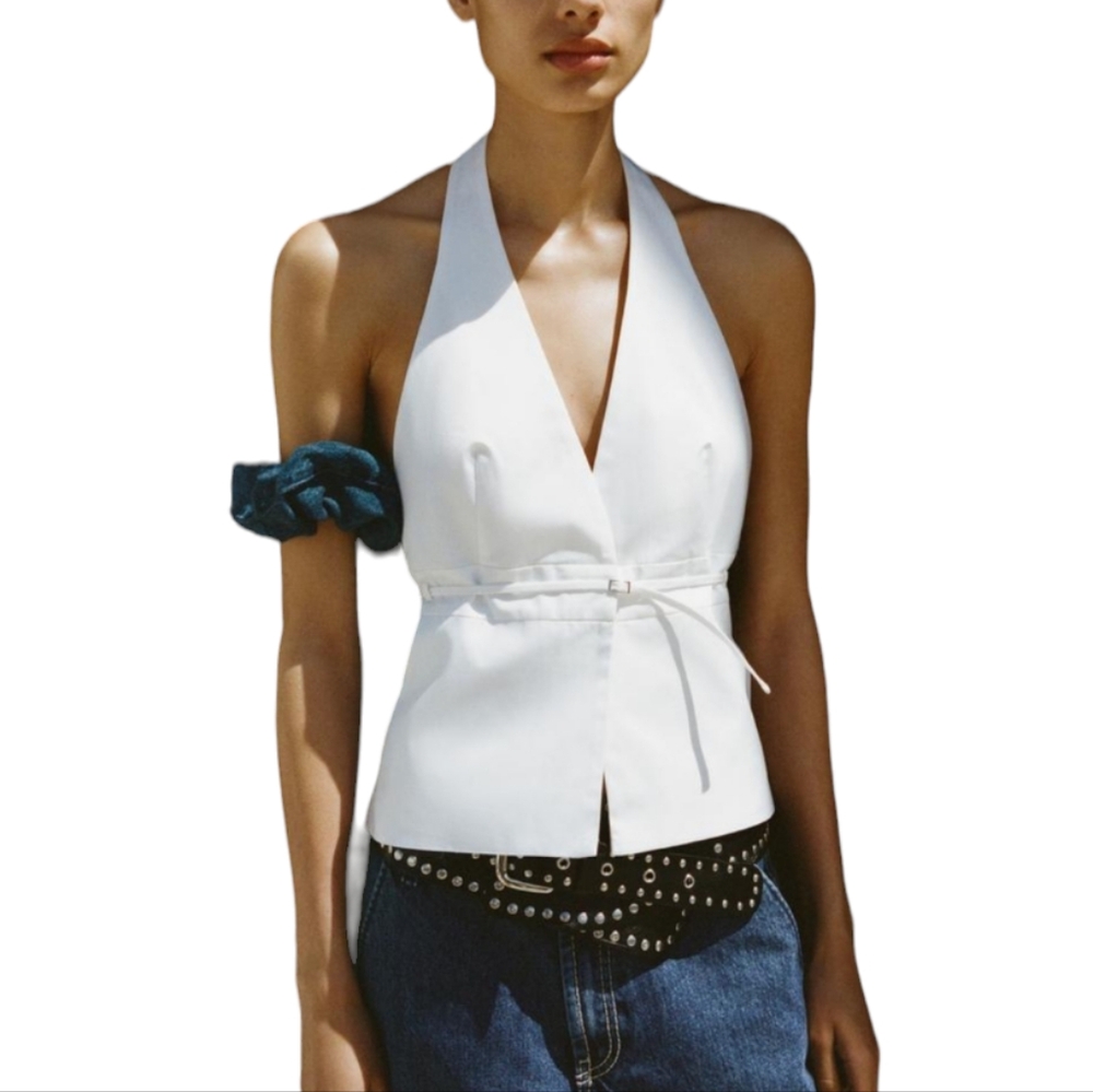 Zara belted halter vest top in white Size Medium